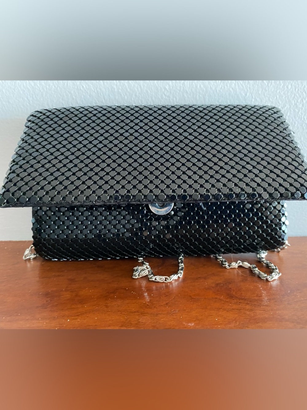 Jessica McClintock Black Sequin Mosaic Fold-Over Clutch with Chain